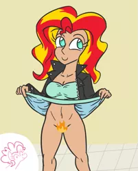 Size: 471x585 | Tagged: suggestive, artist:jargon scott, derpibooru import, pinkie pie, sunset shimmer, equestria girls, belly button, bottomless, breasts, c:, clothes, dress lift, female, females only, fire, firecrotch, human coloration, interspecies, lesbian, looking up, no panties, pinkie loves bacon bits, pun, shipping, simple background, skirt, skirt lift, smiling, solo focus, sunsetpie, visual pun, yellow background