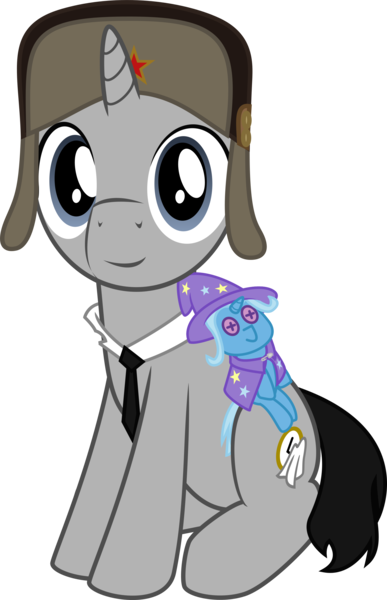 Size: 1800x2794 | Tagged: safe, artist:eagle1division, derpibooru import, trixie, oc, oc:ragtime melody, unofficial characters only, pony, unicorn, 2018 community collab, derpibooru community collaboration, hat, looking at you, male, necktie, plushie, simple background, sitting, smiling, solo, soviet, stallion, transparent background, ushanka, vector