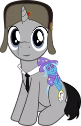 Size: 1800x2794 | Tagged: safe, artist:eagle1division, derpibooru import, trixie, oc, oc:ragtime melody, unofficial characters only, pony, unicorn, 2018 community collab, derpibooru community collaboration, hat, looking at you, male, necktie, plushie, simple background, sitting, smiling, solo, soviet, stallion, transparent background, ushanka, vector