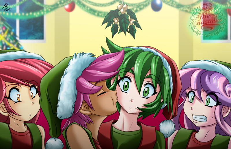 Size: 1600x1030 | Tagged: safe, artist:mauroz, derpibooru import, apple bloom, scootaloo, spike, sweetie belle, human, christmas, christmas lights, christmas tree, clothes, cutie mark crusaders, eyes closed, female, hat, holiday, holly, holly mistaken for mistletoe, humanized, kissing, male, merry christmas, mistleholly, santa hat, scootaspike, shipping, straight, sweat, tree