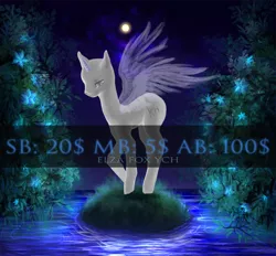 Size: 1000x928 | Tagged: safe, artist:elzafox, derpibooru import, oc, unofficial characters only, earth pony, pegasus, pony, unicorn, commission, flower, midnight, night, shy, solo, spread wings, water, wings, your character here