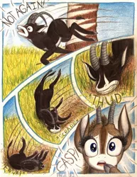 Size: 1064x1380 | Tagged: acacia tree, africa, animal in mlp form, antelope, artist:thefriendlyelephant, cloven hooves, comic, comic:sable story, derpibooru import, dust, fwump, giant sable antelope, horns, oc, oc:sabe, oc:uganda, safe, savanna, speed lines, thud, traditional art, trip, tumbling, unofficial characters only