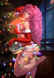 Size: 1200x1722 | Tagged: artist:eve-ashgrove, artist:vest, ass, balloonbutt, barefoot, breasts, busty pinkie pie, christmas, christmas tree, clothes, collaboration, derpibooru import, erect nipples, feet, female, holiday, human, humanized, looking at you, looking back, looking back at you, nipple outline, panties, pinkie pie, raised leg, sideboob, smiling, solo, solo female, suggestive, thong, tree, underwear