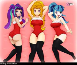 Size: 1187x1000 | Tagged: suggestive, artist:clouddg, derpibooru import, adagio dazzle, aria blaze, sonata dusk, equestria girls, rainbow rocks, arm behind head, armpits, breasts, busty adagio dazzle, busty aria blaze, busty dazzlings, busty sonata dusk, clothes, dazzlings, female, human coloration, looking at you, open mouth, smiling, stockings, the dazzlings, thigh highs, trio, trio female