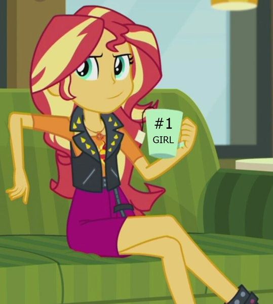 Size: 800x890 | Tagged: safe, derpibooru import, edit, edited screencap, screencap, sunset shimmer, equestria girls, equestria girls series, text support, boots, chair, clothes, couch, crossed legs, drink, female, food, geode of empathy, jewelry, legs, light, magical geodes, mug, necklace, pendant, shoes, sitting, skirt, smiling, smirk, smug, smugset shimmer, solo, tea, text, text support: sunset shimmer, vest