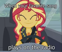 Size: 875x733 | Tagged: safe, derpibooru import, edit, edited screencap, screencap, sunset shimmer, driving miss shimmer, equestria girls, equestria girls series, car, cutie mark, cutie mark on clothes, driving, female, geode of empathy, image macro, jewelry, magical geodes, meme, necklace, pendant, seatbelt, solo, steering wheel, text, text edit