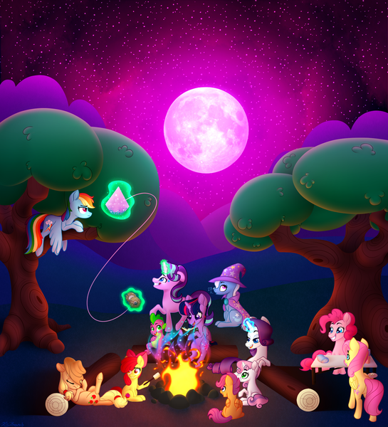 Size: 2000x2200 | Tagged: safe, artist:xiobomb, derpibooru import, apple bloom, applejack, fluttershy, pinkie pie, rainbow dash, rarity, scootaloo, spike, starlight glimmer, sweetie belle, trixie, twilight sparkle, twilight sparkle (alicorn), alicorn, dragon, earth pony, pegasus, pony, unicorn, campfire, camping, cutie mark, food, forest, kite, marshmallow, moon, night