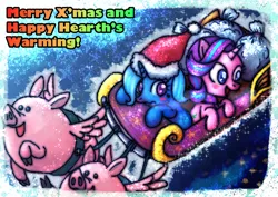 Size: 1280x905 | Tagged: safe, artist:remyroez, derpibooru import, starlight glimmer, trixie, pig, pony, unicorn, christmas, clothes, duo, hat, holiday, santa hat, scarf, sleigh
