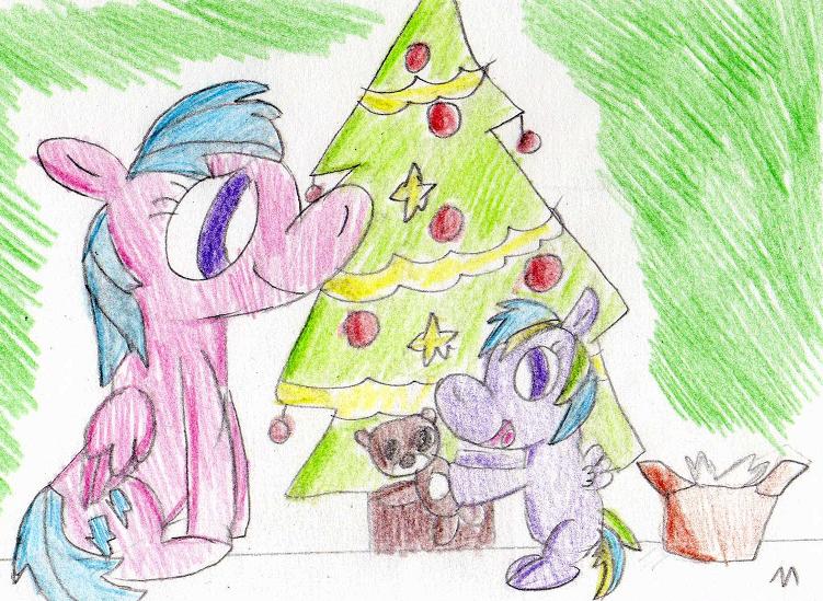 Size: 751x549 | Tagged: artist:ptitemouette, christmas, christmas tree, derpibooru import, firefly, holiday, oc, oc:speed flash, offspring, parent:firefly, parent:rainbow dash, parents:dashfly, safe, teddy bear, tree