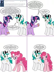 Size: 1204x1604 | Tagged: safe, artist:dekomaru, derpibooru import, pinkie pie, twilight sparkle, oc, oc:dazzle, earth pony, pony, tumblr:ask twixie, ask, canon x oc, comic, male, stallion, sunglasses, tumblr