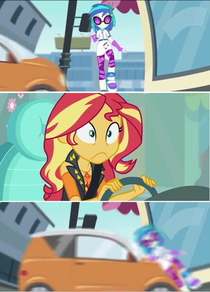 Size: 550x766 | Tagged: semi-grimdark, derpibooru import, edit, edited screencap, screencap, sunset shimmer, vinyl scratch, driving miss shimmer, equestria girls, equestria girls series, music to my ears, abuse, bad end, car, car accident, driving miss shimmer: fluttershy, faic, this will end in jail time, vinylbuse