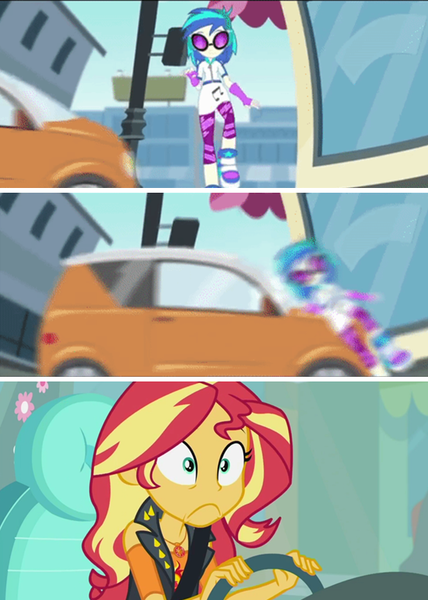 Size: 546x766 | Tagged: semi-grimdark, derpibooru import, edit, edited screencap, screencap, sunset shimmer, vinyl scratch, driving miss shimmer, equestria girls, equestria girls series, music to my ears, abuse, bad end, car, car accident, driving miss shimmer: fluttershy, faic, vinylbuse