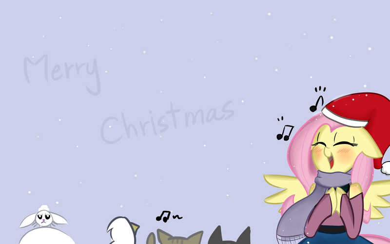 Size: 2560x1600 | Tagged: angel bunny, animal, artist:zouyugi, blushing, christmas, clothes, derpibooru import, eyes closed, floppy ears, fluttershy, happy, hat, heartwarming, holiday, hooves together, merry christmas, music, safe, santa hat, scarf, singing, smiling, snow, snowfall, spread wings, wings