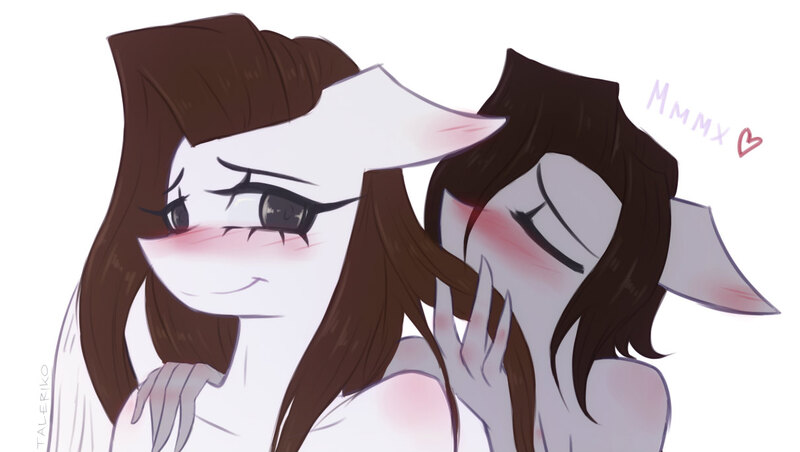 Size: 1211x684 | Tagged: anthro, anthro oc, artist:taleriko, blushing, cute, derpibooru import, eyes closed, female, heart, lesbian, mane, mare, oc, oc:lane dark, oc:taleriko, rcf community, russian, safe, shipping, simple background, smiling, sniffing, unofficial characters only, white background