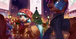 Size: 3300x1700 | Tagged: safe, artist:luciferamon, derpibooru import, coco pommel, earth pony, pony, bag, candy cane, christmas, christmas tree, clothes, coat, cocobetes, cute, female, hat, holiday, jacket, lamp, lamppost, looking at you, magic, manehattan, mare, mobile phone, open mouth, phone, scarf, smartphone, smiling, snow, telekinesis, tree, winter