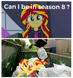 Size: 1270x1357 | Tagged: safe, derpibooru import, sunset shimmer, pony, unicorn, equestria girls, :t, abuse, anatomically incorrect, female, frown, incorrect leg anatomy, into the trash it goes, looking back, mare, prone, shimmerbuse, smiling, sunset shimmer's trash can, trash