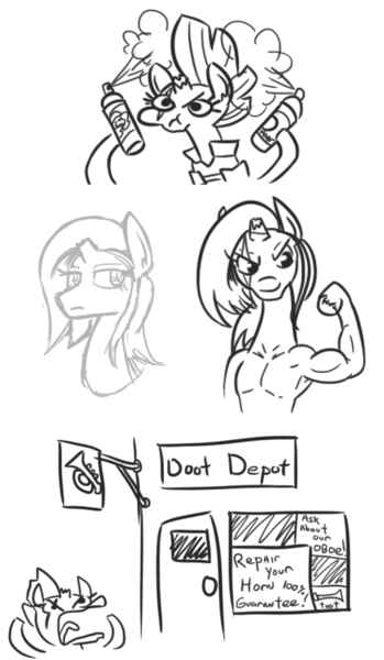 Size: 746x1284 | Tagged: safe, artist:jargon scott, derpibooru import, tempest shadow, anthro, unicorn, my little pony: the movie, armpits, broken horn, bust, doot, eye scar, female, flexing, grayscale, hairspray, monochrome, muscles, musical instrument, pun, scar, sign, simple background, solo, trumpet, white background