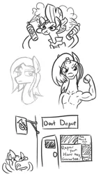 Size: 746x1284 | Tagged: safe, artist:jargon scott, derpibooru import, tempest shadow, anthro, unicorn, my little pony: the movie, armpits, broken horn, bust, doot, eye scar, female, flexing, grayscale, hairspray, monochrome, muscles, musical instrument, pun, scar, sign, simple background, solo, trumpet, white background