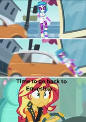 Size: 546x766 | Tagged: semi-grimdark, derpibooru import, edit, edited screencap, screencap, sunset shimmer, vinyl scratch, driving miss shimmer, equestria girls, equestria girls series, music to my ears, abuse, accident, driving miss shimmer: fluttershy, faic, vinylbuse