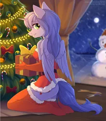 Size: 2640x3000 | Tagged: suggestive, artist:fensu-san, derpibooru import, oc, oc:mariah wolves, unofficial characters only, alicorn, anthro, plantigrade anthro, alicorn oc, anthro oc, ass, bottomless, breasts, butt, christmas, christmas tree, clothes, commission, evening gloves, female, full moon, gloves, holiday, kneeling, long gloves, looking at you, looking back, looking back at you, mare, moon, partial nudity, present, smiling, snow, snowfall, snowman, solo, solo female, stockings, thigh highs, tree, window, ych result