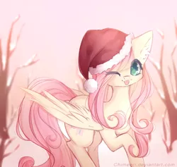 Size: 900x852 | Tagged: safe, artist:chimeeri, derpibooru import, fluttershy, pegasus, pony, christmas, cute, ear fluff, female, hat, holiday, mare, one eye closed, santa hat, shyabetes, smiling, solo, tongue out, wink