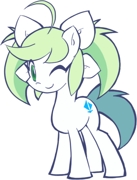 Size: 1304x1717 | Tagged: safe, artist:rvceric, derpibooru import, oc, oc:emerald green, unofficial characters only, earth pony, pony, 2018 community collab, derpibooru community collaboration, one eye closed, ponytail, simple background, transparent background, wink