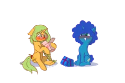 Size: 3000x2000 | Tagged: suggestive, artist:soulfulmirror, derpibooru import, oc, oc:cyanus blues, oc:honey nevaeh, unofficial characters only, pony, unicorn, blushing, female, high res, mare, present, simple background, transparent background