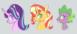 Size: 1300x584 | Tagged: safe, artist:xenon, derpibooru import, spike, starlight glimmer, sunset shimmer, dragon, pony, unicorn, :t, blushing, bust, curved horn, eyelashes, fangs, female, gray background, lidded eyes, looking at you, looking back, male, mare, simple background, smiling, trio