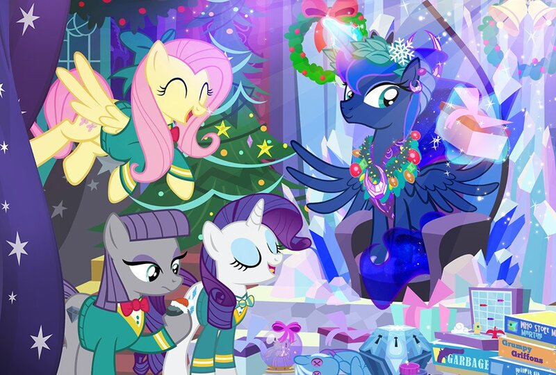 Size: 1000x675 | Tagged: safe, artist:pixelkitties, derpibooru import, boulder (pet), fluttershy, maud pie, princess luna, rarity, trixie, alicorn, earth pony, pegasus, pony, unicorn, bauble, board game, bottomless, bowtie, christmas, christmas presents, christmas tree, clothes, female, garbage day, glowing horn, hat, hearth's warming, holiday, jewelry, magic, mare, mystery box of plot importance, partial nudity, plushie, ponytones, ponytones outfit, present, santa hat, snow globe, sweater, sweatershy, telekinesis, tree, wreath