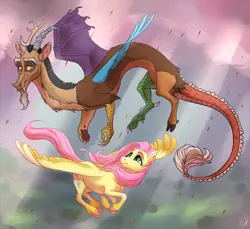 Size: 1383x1267 | Tagged: safe, artist:ingabygvh, derpibooru import, discord, fluttershy, draconequus, pegasus, pony, chocolate, chocolate rain, colored hooves, crepuscular rays, discoshy, duo, female, flying, food, looking at each other, male, rain, realistic horse legs, shipping, sky, smiling, spread wings, straight, unshorn fetlocks, windswept hair, windswept mane, wings
