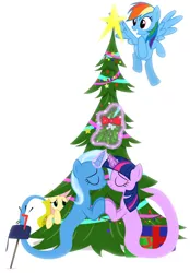 Size: 750x1080 | Tagged: safe, artist:navitaserussirus, derpibooru import, fluttershy, rainbow dash, trixie, twilight sparkle, genie, christmas, christmas tree, female, holiday, lesbian, mailbox, mistletoe, present, shipping, tree, twixie