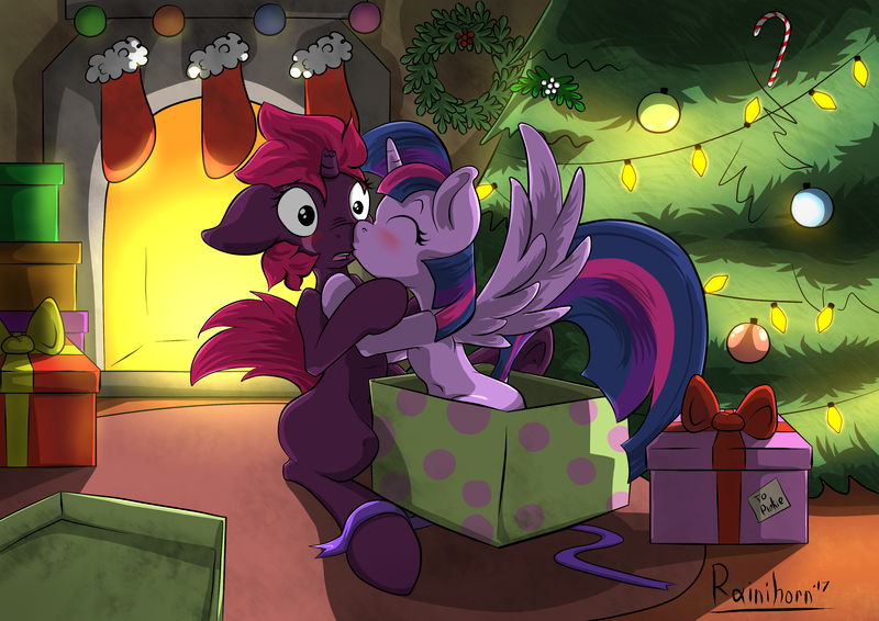 Size: 3508x2480 | Tagged: safe, artist:rainihorn, derpibooru import, fizzlepop berrytwist, tempest shadow, twilight sparkle, twilight sparkle (alicorn), alicorn, pony, unicorn, my little pony: the movie, blushing, boop, broken horn, christmas, christmas stocking, christmas tree, christmas wreath, clothes, cute, eye scar, eyes closed, female, fireplace, floppy ears, frown, holiday, horn, kissing, lesbian, mare, mistletoe, nose kiss, nose wrinkle, noseboop, open mouth, present, scar, shipping, sitting, smiling, spread wings, stockings, surprise kiss, surprised, tempestlight, thigh highs, tree, wide eyes, wings, wreath