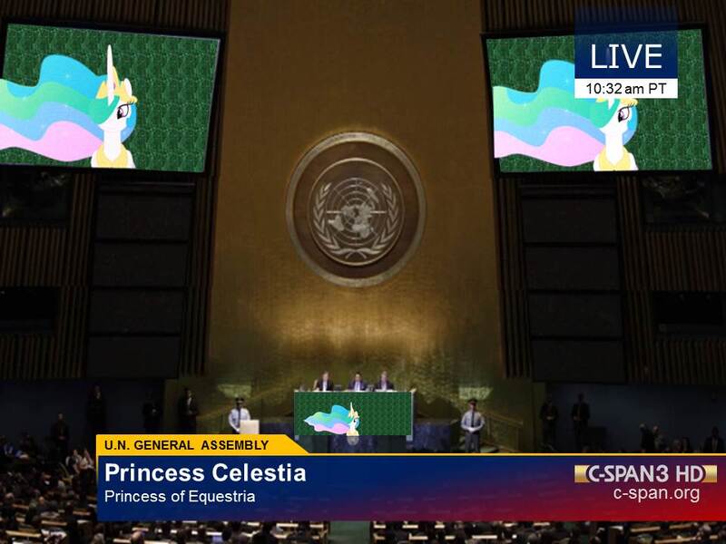 Size: 960x720 | Tagged: safe, artist:bobby165324, derpibooru import, princess celestia, alicorn, human, pony, c-span, c-span3, female, irl, irl human, mare, news, photo, ponies in real life, united nations