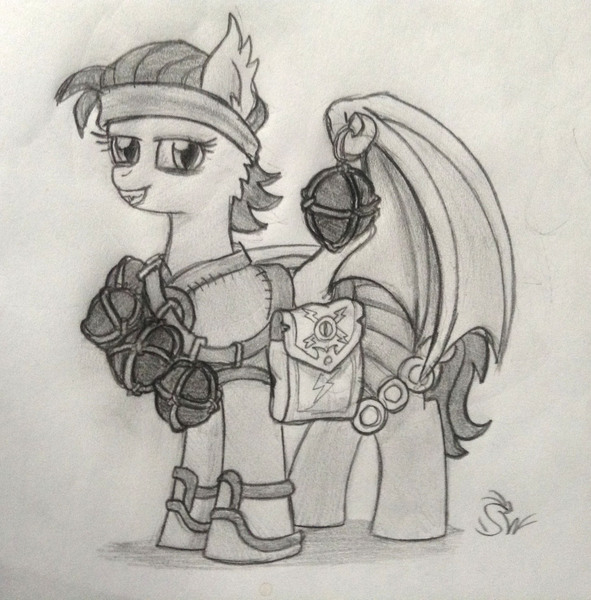 Size: 1908x1936 | Tagged: safe, artist:sensko, derpibooru import, bat pony, pony, bomb, grayscale, monochrome, pencil drawing, sapper, simple background, solo, traditional art, weapon, white background, wing claws