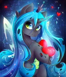 Size: 2400x2800 | Tagged: artist:koveliana, changeling, chromatic aberration, crown, cute, cutealis, derpibooru import, female, heart, jewelry, long mane, looking at you, queen, queen chrysalis, regalia, safe, solo, sparkles, wings