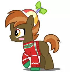 Size: 476x492 | Tagged: safe, artist:drypony198, derpibooru import, button mash, earth pony, pony, blushing, blush sticker, buttonbetes, clothes, colt, cute, male, simple background, sweater, white background, winter