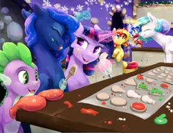 Size: 1980x1530 | Tagged: safe, artist:silfoe, derpibooru import, princess celestia, princess luna, spike, sunset shimmer, twilight sparkle, twilight sparkle (alicorn), oc, oc:sparkling sapphire, alicorn, dragon, pony, cookie, cooking, eyes closed, female, food, glowing horn, happy, hearth's warming, horn, kitchen, lesbian, licking, licking lips, magic, magical lesbian spawn, mare, offspring, oven mitts, parent:sci-twi, parent:sunset shimmer, parents:scitwishimmer, shipping, smiling, telekinesis, tongue out, twilight's castle, twiluna, wings