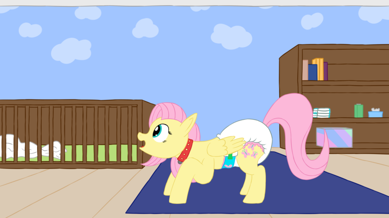 Size: 3840x2160 | Tagged: artist:leadpie, collar, derpibooru import, diaper, diaper fetish, fetish, fluttershy, nursery, poofy diaper, questionable