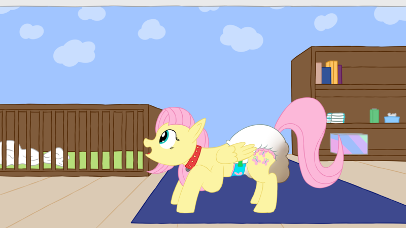 Size: 3840x2160 | Tagged: artist:leadpie, collar, derpibooru import, diaper, diaper fetish, fetish, fluttershy, messy diaper, nursery, poop, poopy diaper, questionable