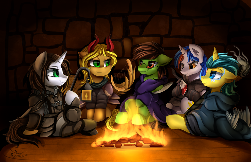 Size: 2930x1897 | Tagged: safe, artist:pridark, derpibooru import, oc, oc:analogue, oc:free quill, oc:free speech, oc:light landstrider, unofficial characters only, pony, bonfire, clothes, commission, dungeons and dragons, fire, glasses, sitting, stone, wall