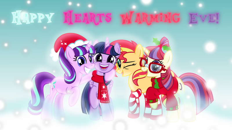 Size: 1024x576 | Tagged: safe, artist:sailortrekkie92, derpibooru import, moondancer, starlight glimmer, sunset shimmer, twilight sparkle, twilight sparkle (alicorn), alicorn, pony, unicorn, christmas, female, hat, holiday, looking at you, mare, santa hat, smiling