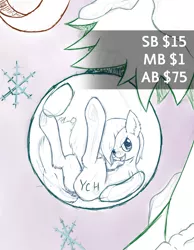 Size: 3500x4500 | Tagged: artist:zipomon, bauble, christmas, christmas tree, commission, derpibooru import, holiday, looking at you, on back, safe, snow, snowflake, solo, tree, underhoof, your character here