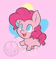 Size: 1000x1063 | Tagged: safe, artist:aeritus, derpibooru import, pinkie pie, earth pony, pony, chibi, cute, cutie mark background, diapinkes, no pupils, open mouth, smiling, solo