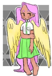 Size: 608x886 | Tagged: artist:milky-rabbit, barefoot, blushing, clothes, derpibooru import, feet, female, fluttershy, human, humanized, safe, skirt, solo, winged humanization, wings