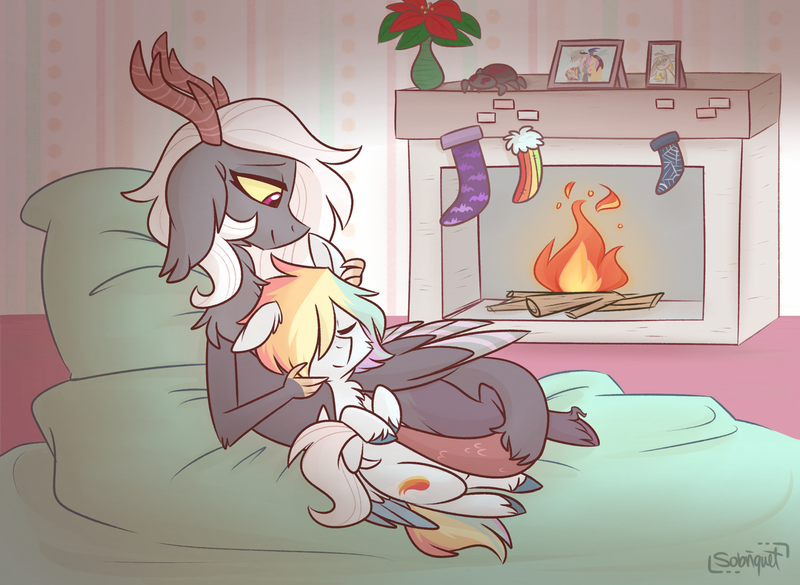 Size: 1280x936 | Tagged: safe, artist:flourret, derpibooru import, oc, oc:blurry flare, oc:willow wisp, unofficial characters only, draconequus, hybrid, pegasus, pony, spider, christmas, christmas stocking, draconequus oc, female, fireplace, holiday, interspecies offspring, offspring, parent:discord, parent:fluttershy, parent:rainbow dash, parent:soarin', parents:discoshy, parents:soarindash, rainbow hair, sleeping