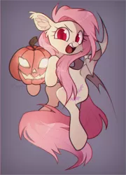 Size: 1442x2000 | Tagged: safe, artist:angrygem, derpibooru import, fluttershy, bat pony, pony, bat wings, boo, cute, ear fluff, female, flutterbat, gradient background, halloween, head turn, holiday, hoof hold, jack-o-lantern, looking at you, mare, open mouth, pumpkin, race swap, red eyes, shyabates, shyabetes, solo, spread wings, wings