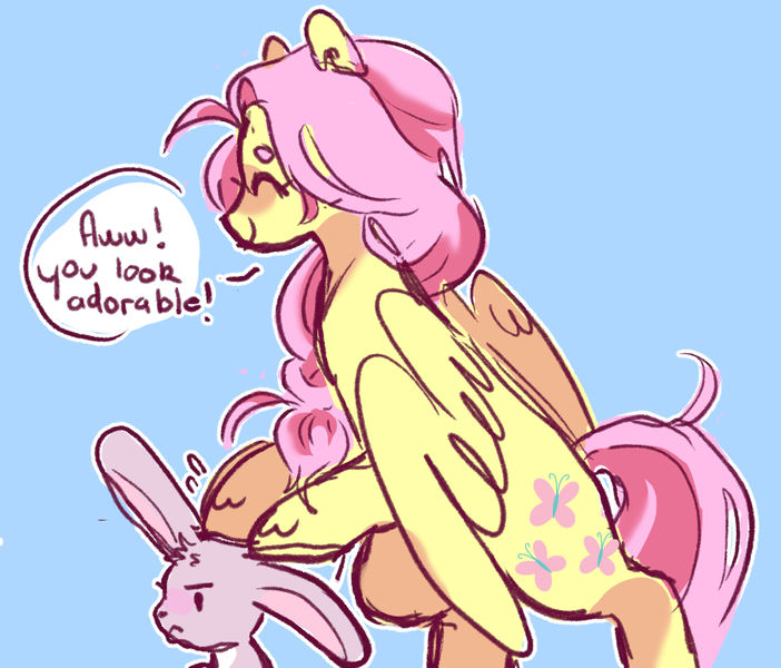 Size: 907x775 | Tagged: safe, artist:milky-rabbit, derpibooru import, angel bunny, fluttershy, pegasus, pony, rabbit, annoyed, blue background, dialogue, eyes closed, female, happy, mare, petting, simple background, smiling, solo, speech bubble