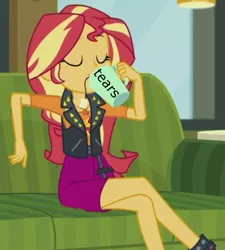 Size: 800x890 | Tagged: safe, derpibooru import, edit, edited screencap, screencap, sunset shimmer, equestria girls, equestria girls series, text support, cropped, drinking, drinking tears, food, geode of empathy, image macro, magical geodes, meme, solo, tea, text support: sunset shimmer, your tears are delicious