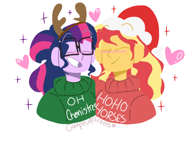 Size: 900x650 | Tagged: safe, artist:campeverfrees, derpibooru import, sci-twi, sunset shimmer, twilight sparkle, equestria girls, antlers, blushing, christmas, clothes, eyes closed, female, hat, heart, holiday, lesbian, reindeer antlers, santa hat, scitwishimmer, shipping, simple background, smiling, sunsetsparkle, sweater, white background