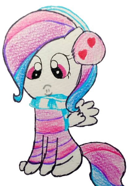 Size: 912x1224 | Tagged: safe, artist:sumi-mlp25, derpibooru import, edit, editor:binkyt11, oc, oc:strawberry breeze, unofficial characters only, pegasus, pony, 2018 community collab, derpibooru community collaboration, :), clothes, earmuffs, female, looking at you, scarf, simple background, solo, striped sweater, sweater, traditional art, transparent background